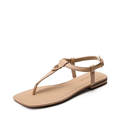 DREAM PAIRS Women's T-Strap Thong Flat Sandals with Cute Square Toe Strappy for Summer,Size 8,Nude,SDFS2301W - Image 1