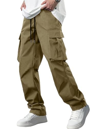 Comdecevis Men's Casual Cargo Pants Workout Joggers Stretch Sweatpants Hiking Drawstring Tactical Pants with Multi Pockets Olive