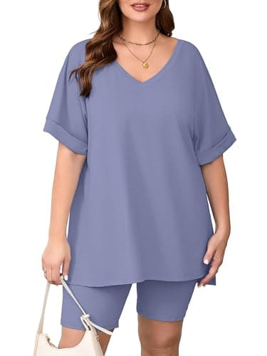AusLook Women's Plus size 2 Piece Short Outfits Set Short Sleeve Tops and Shorts Pants Light Purple Gray 3X Casual Comfy Soft Ladies Short Sleepwear Lounge Pajama Matching Set - Image 1