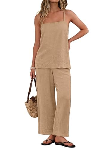 IWOLLENCE Women's Summer 2 Piece Sets Spaghetti Strappy Tank Top and Long Pant with Pockets Matching Set Seniors Lounge Sets Beach Vacation Outfits Khaki, S - Image 1
