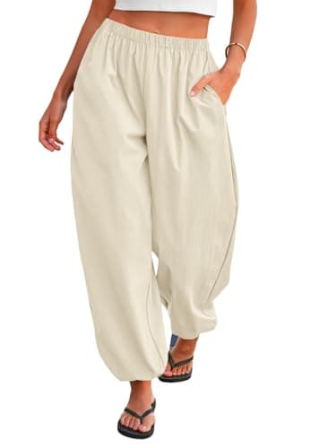 Tankaneo Womens Balloon Pants Trendy Casual Elastic Waist Wide Leg Harem Pants Baggy Pleated Lantern Trousers Beige - Image 1