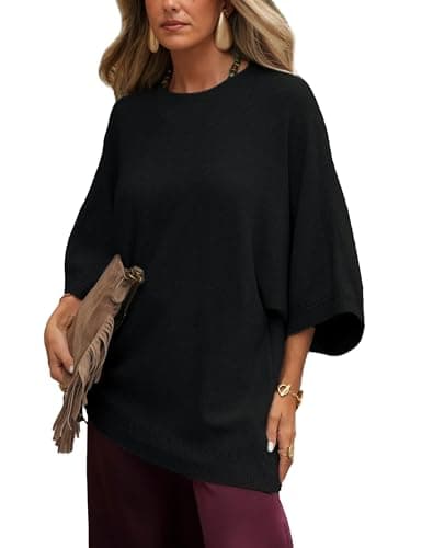 Tanming Women's 3/4 Sleeve Knit Sweater Crew Neck Oversized Casual Pullover Top Loose Soft Knit Tee for 2026 Spring(Black-M) - Image 1