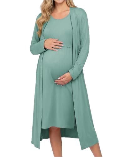 Ekouaer Maternity Nursing Gown and Robe Set Labor Delivery Nightgown Celadon Green M - Image 1