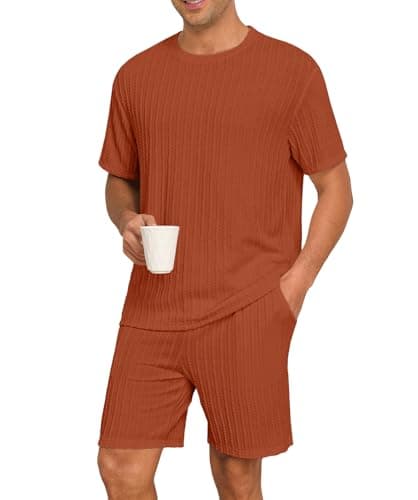 PrinStory Mens Pajamas Set Summer Pjs Sets Lightweight Short Sleeve Pajama Shorts Set Soft Sleepwear Loungewear with Pockets Caramel-XL - Image 1