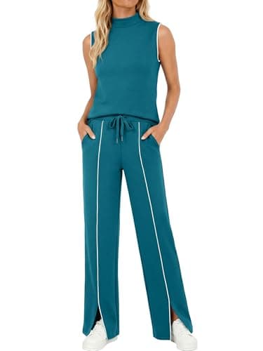 Casly Lamiit Two Piece Sets for Women Summer Vacation Outfits Mock Neck Matching Sets Trendy Fashion Clothing Lyons Blue M - Image 1