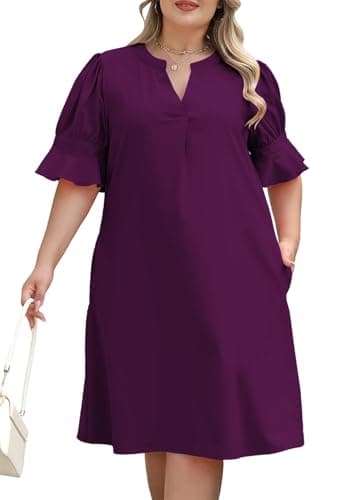 Celkuser Plus Size Summer Casual Shift Dress for Curvy Women V Neck Ruffled Short Sleeves Loose Shirt Dresses with Pockets (cel164,26,Purple) - Image 1