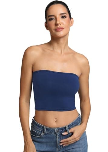 Fihapyli ICTIVE Womens Tube Tops Strapless Crop Basic Backless Sleeveless Bandeau Seamless Going Out Light Support Cami Shirts DarkBlue XL