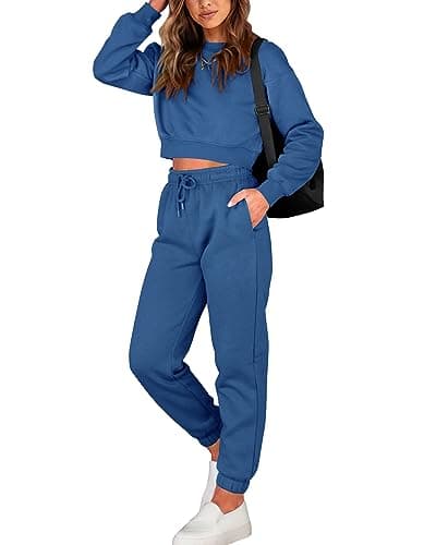 BTFBM Women 2 Piece Outfits Long Sleeve Crop Top Pullover Drawstring Pant Jogger Set Casual Sweatsuits Tracksuit Pockets(Lake Blue, Small) - Image 1