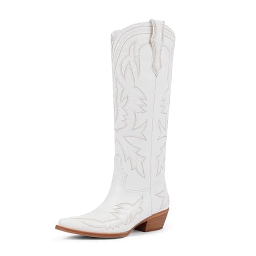 VIUGJNEX Womens Cowboy Boots Embroidered Chunky Heel White Cowgirl Boots Pull on Pointed Toe Knee High Boot Women Wide Calf Low Heel Western Boot Women Size 7 - Image 1