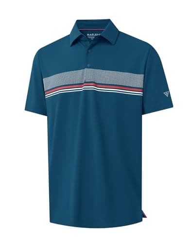 M MAELREG Mens Polo Shirts Short Sleeve Casual Performance Lightweight Striped Print Business Collared Golf Shirts Blue - Image 1