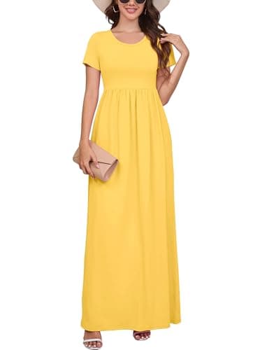 DEARCASE Maxi Dress for Women Bright Yellow Medium Crewneck Short Sleeve Sundresses Wedding Guest A-line Casual Loose Party Vintage Spring Summer Vacation Flowy Beach Long Dresses with Pockets - Image 1