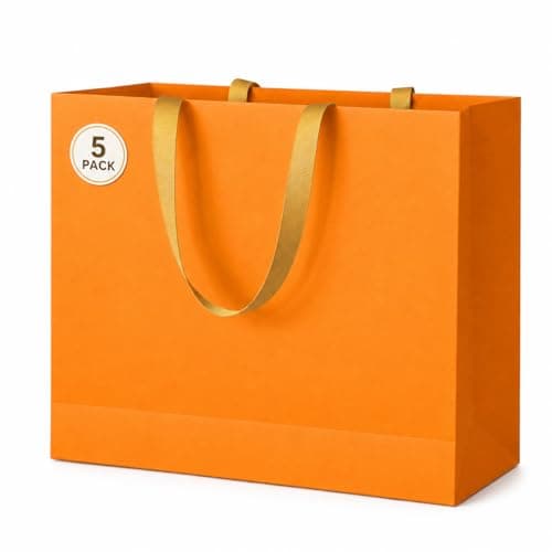 LWBDD Orange Gift Bags with Handles, 5 Pack 8.6x4x7.5 Inch Medium Paper Gift Bags, Solid Color Bags with Ribbon Handles for Fall Thanksgiving Harvest Birthday Party Favor Shopping - Image 1