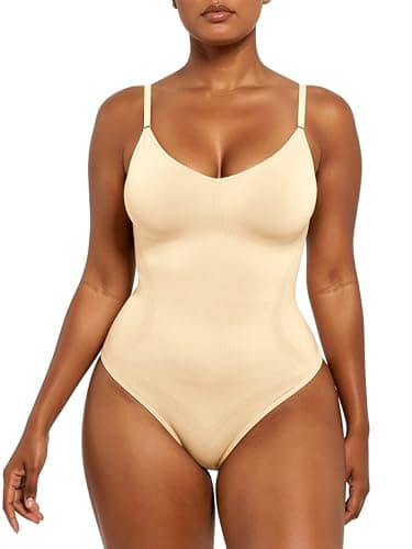 Xcutting Women's Tummy Control Shapewear Thong Bodysuit Seamless Waist Snatching Body Shaper - V-Neck Cami with Brief Comfortable Fit for All-Day Wear Jumpsuit Shaping (Beige Thong, Small) - Image 1