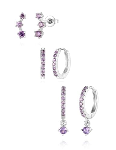 Eathareel Silver Purple Earrings for Women, 3 Pairs Dangle Huggie Stud Earring Set, Hypoallergenic Small Hoop Earrings Sensitive Ears Multiple Piercing - Image 1