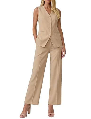 luvamia Vest Pants Suits for Women Dressy 2 Piece Sets Sleeveless Blazer Straight Leg Dress Pants Business Casual Outfit Beige XX-Large Fits US 20-22 - Image 1