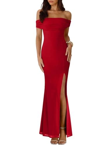 Caracilia Women’s Off Shoulder Maxi Wedding Guest Dress Summer Bodycon High Split Mesh Formal Cocktail Evening Party Dresses Red Medium - Image 1