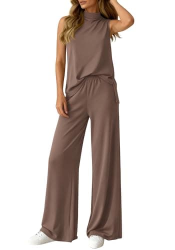 BTFBM 2 Piece Outfits For Women Airport Travel Summer 2026 Loose Mock Neck Sleeveless Wide Leg Pants Workout Lounge Sets(Khaki, Medium) - Image 1