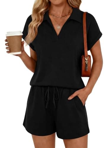 Yousify 2 Piece Sets for Women Cap Sleeve V Neck Lapel Tops and Drawstring Shorts Summer Casual Outfits Loungewear 2026 - Image 1