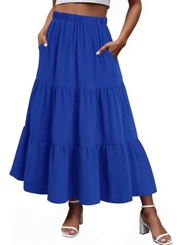 Magritta Women's Boho Maxi Skirt with Elastic High Waist with Pockets for Vacation Blue Large - Image 1
