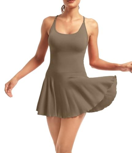 YOAKUKA Women's Flowy Tennis Dress with Built in Shorts & Bra Spaghetti Crossover Back Strap Athletic Workout Active Jumpsuit Brown - Image 1