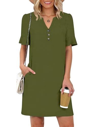 Prinbara Womens Summer Casual Dresses Ruffle Short Sleeve V Neck Button 2026 Spirng Vacation Beach Loose Boho Shift Dress Olive Green Large - Image 1