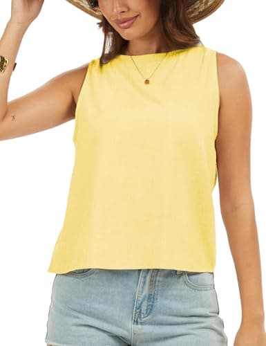 DAOAO Linen Top Tank Tops for Women Cute Summer Sleeveless Cotton Shirts Yellow XL - Image 1