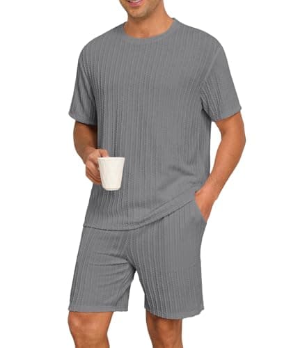 PrinStory Mens Pajamas Set Summer Pjs Sets Lightweight Short Sleeve Pajama Shorts Set Soft Sleepwear Loungewear with Pockets Dark Gray-S