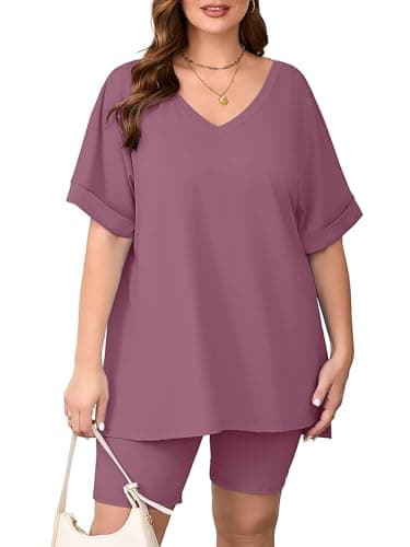 AusLook Women's Plus size 2 Piece Short Outfits Set Short Sleeve Tops and Shorts Pants Pink Purple 2X Casual Comfy Soft Ladies Short Sleepwear Lounge Pajama Matching Set - Image 1