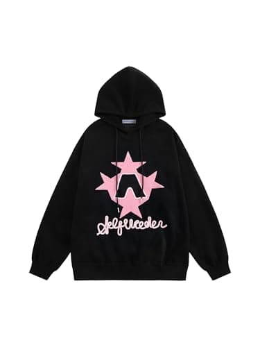 Aelfric Eden Star Embroidered Hoodies Women Graphic Print Y2k Oversized Hoodie Long Sleeve Pocket Casual Pullover Sweatshirt Black Pink M
