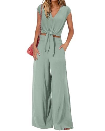 PRETTYGARDEN Woman 2 Piece Pants Sets Spring Fashion Elastic Waist Crop Tops Formal Prom Club Holiday Outfits For Women(Solid Light Green,XX-Large) - Image 1