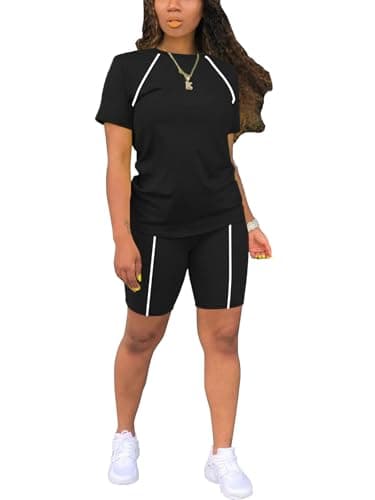 STOLKISS Women's 2 Piece Outfits Summer Casual Short Sleeve T-Shirt and Short Jogger Tracksuits Sets Black XL - Image 1