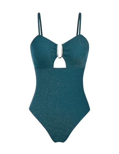 ZAFUL Metallic Shiny Swimsuit for Women Sexy Open Back Bathing Suit Shimmer Tie Back Sparkle Swimwear Peacock Blue M - Image 1