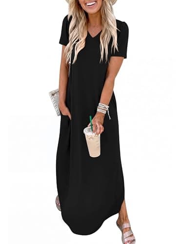 ANRABESS Women’s Summer Maxi Dress V Neck Short Sleeve Slit Side Shirt Dress Loose Fit Travel Beach Dress with Pockets Black Large - Image 1