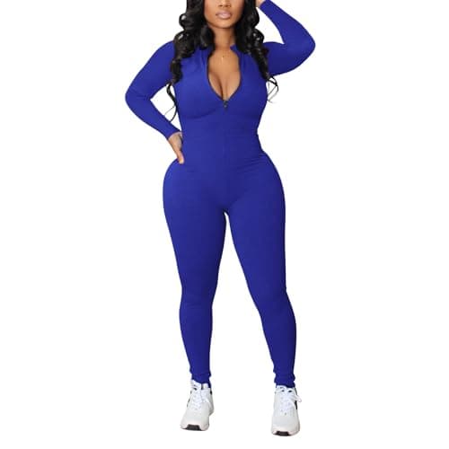 Wcuvbv One Piece Jumpsuits for Women Sexy Zip Up Bodycon Long Sleeve Ribbed Long Pants Romper Outfits Blue XL - Image 1