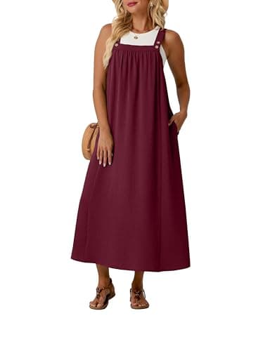 Lepunuo Overall Dress for Women Summer Long Dresses Adjustable Jumpers Casual Cover up with Pockets A - Wine Red - Image 1