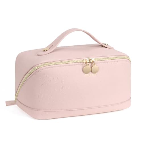 Telena Leather Make Up Bag Portable Travel Makeup Bag Waterproof Cosmetic Bags for Women Large Capacity With Handle and Divider Open Lay Flat Pink - Image 1