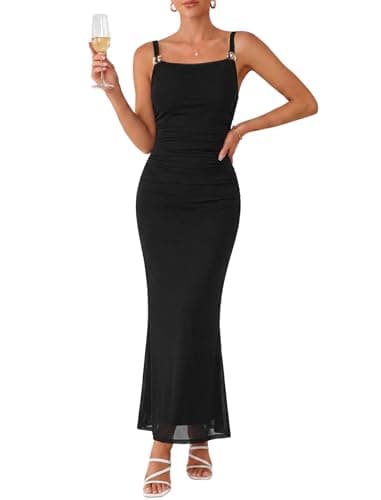 ZAFUL Black Wedding Guest Dress Women's Sexy Formal Sleeveless Cocktail Floral Mesh Ruched Bodycon Maxi Party Long Dresses - Image 1