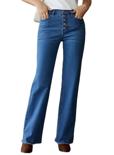 Sidefeel Jeans for Women High Waisted Stretchy Wide Leg Jeans Trendy Button Fly Raw Hem Straight Leg Denim Pants Bluing Size 10 - Image 1