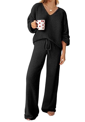 GKBK Womens 2 Piece Outfits Knit Sweater Sets Fuzzy Fleece Long Sleeve Top Wide Leg Pants Lounge Wear Matching Lounge Set 2026 Winter Casual V Neck Cozy Fashion Clothes Black L - Image 1