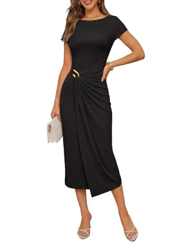 MEROKEETY Womens Summer Bodycon Wrap Midi Dress 2026 Formal Short Sleeve Asymmetrical Ruched Elegant Cocktail Party Dresses, Black, Medium - Image 1