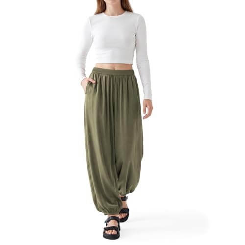 OctMoon Women’s Chiffon Palazzo Pants – Wide Leg Flowy Pants for Women, Lightweight Satin Yoga Pants, Summer Beach & Casual Lounge Pants(Light Green)-XXL - Image 1