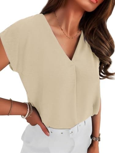 Totatuit Women Summer Chiffon Novelty Blouses Pleated V Neck Cap Sleeve Tunic Loose Fit Work Tops for Casual Buiness Holiday Silk Shirts Apricot Medium - Image 1