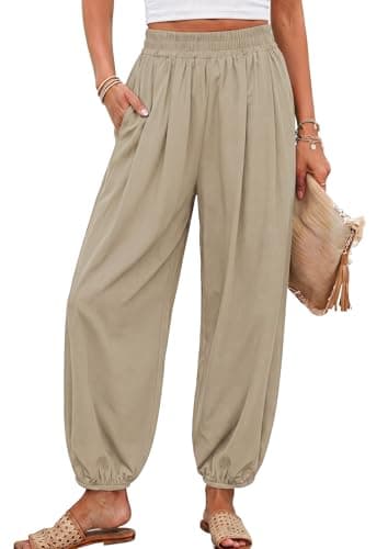 PRETTYGARDEN Womens 2026 Summer Casual Pants High Waisted Loose Wide Leg Palazzo Pockets Lounge Beach Travel Trousers Outfits (Light Khaki,XX-Large) - Image 1