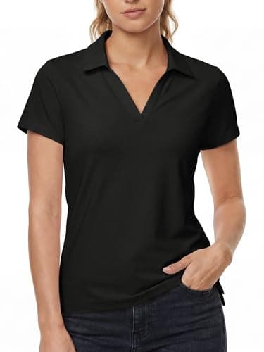 Stelle Womens V Neck Polo Shirts Short Sleeve Collared Tops Quick Dry Golf Tennis Work Casual Summer Tee(Black,L) - Image 1