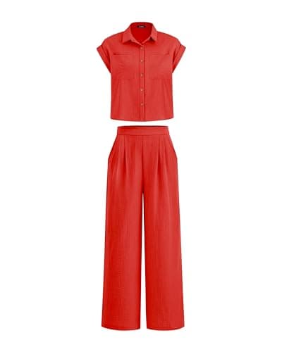 PRETTYGARDEN Womens 2 Piece sets Summer Cap Sleeve Tops Palazzo Pants Dressy Casual Vacation Travel Outfits Tracksuits(Red,X-Large) - Image 1