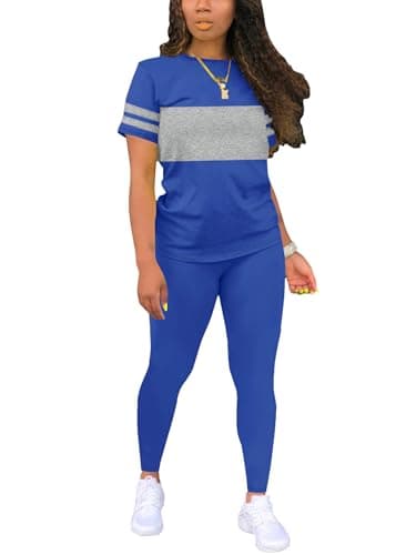 Hakubeby Two Piece Sets for Women Summer Short Sleeve Striped Crewneck Slim Fit Active Casual Sweatsuits Blue X-Large - Image 1
