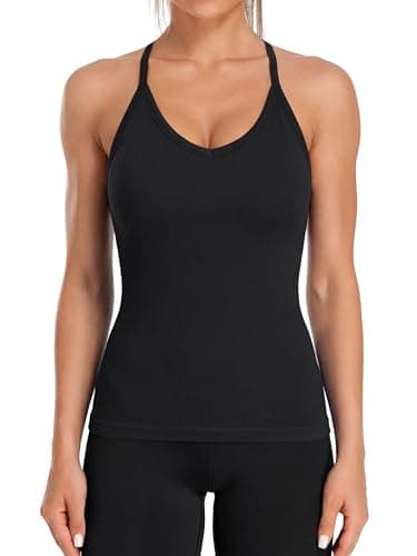 ATTRACO Ribflex Racerback Tank Tops for Women V Neck Camisole with Built in Bra Tight Workout Tops Black XS - Image 1