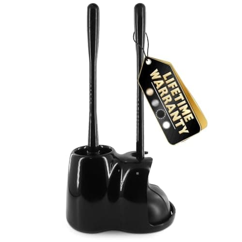 2-in-1 Black Toilet Brush and Plunger Set with Holder – Compact Bathroom Cleaning Combo, Strong Rubber Plunger & Stiff Bristle Brush, Space-Saving Stand, Fits Most Standard Toilets, 6.4×5.5×17.1 inch - Image 1