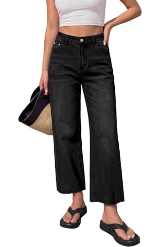 BTFBM Jeans for Women 2026 Summer High Waisted Button Straight Leg Stretchy Cropped Raw Hem Trendy Denim Pants Pockets(Black,10) - Image 1