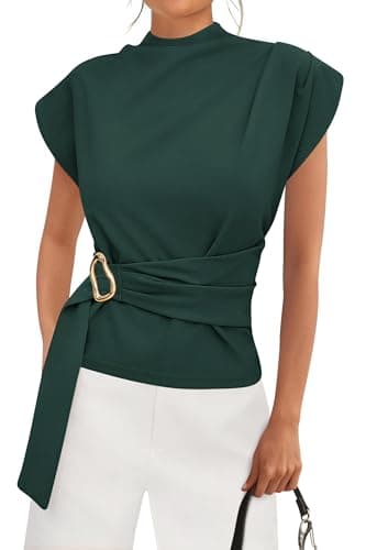 PRETTYGARDEN Women Blouses Spring Dressy Cap Sleeve Mock Neck Work Shirts Buckle Tunic Summer Business Casual Tops 2026(Dark Green,Medium)